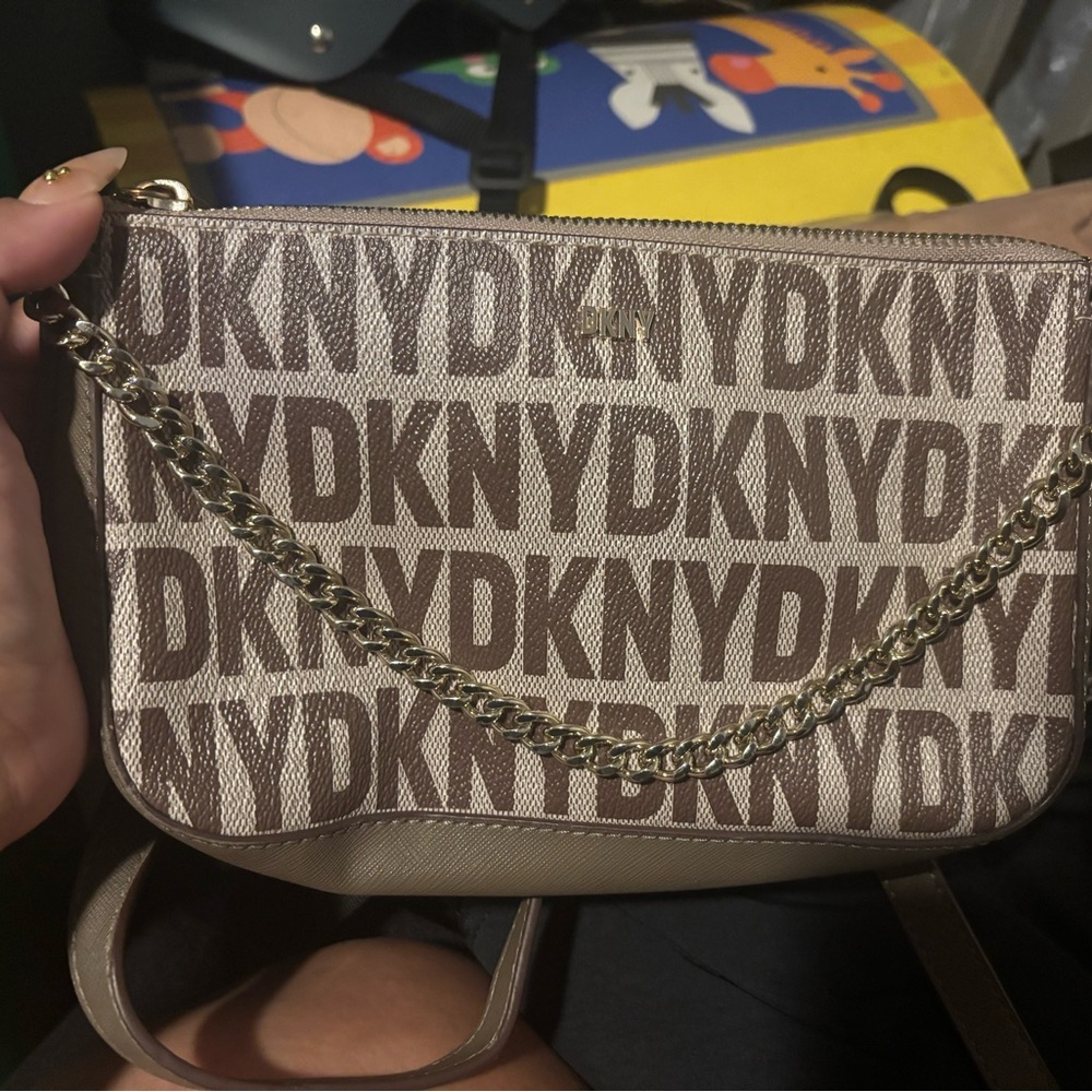 DKNY Logo Print Beige Crossbody Bag with Chain